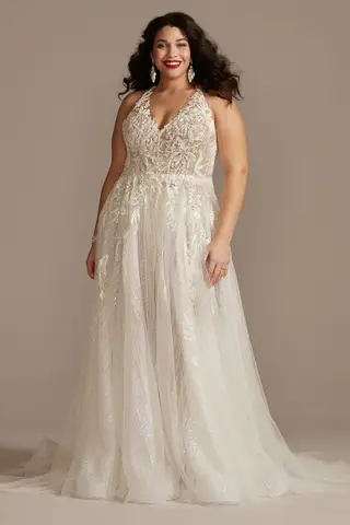 Floral Applique Open Back Halter Wedding Dress (Style SWG841)