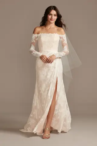 Large Floral Lace Long Sleeve Wedding Dress (Style MS161225)
